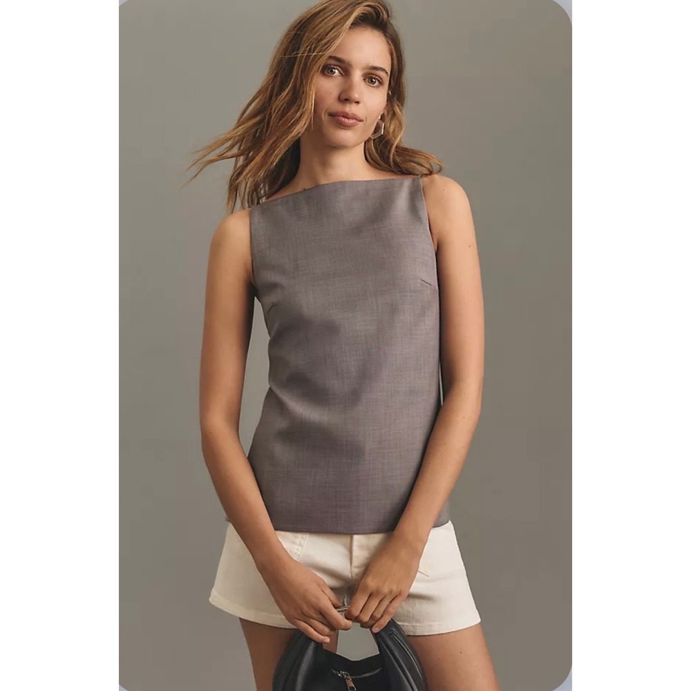 Shona Joy Asher Grey Open Tie Back Camisole Top Size 12 Square Neck Minimalist